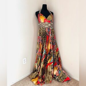Bicici Vtg Colorful Pleated Maxi Dress With Rhinestones, XL, Romantic, Feminine